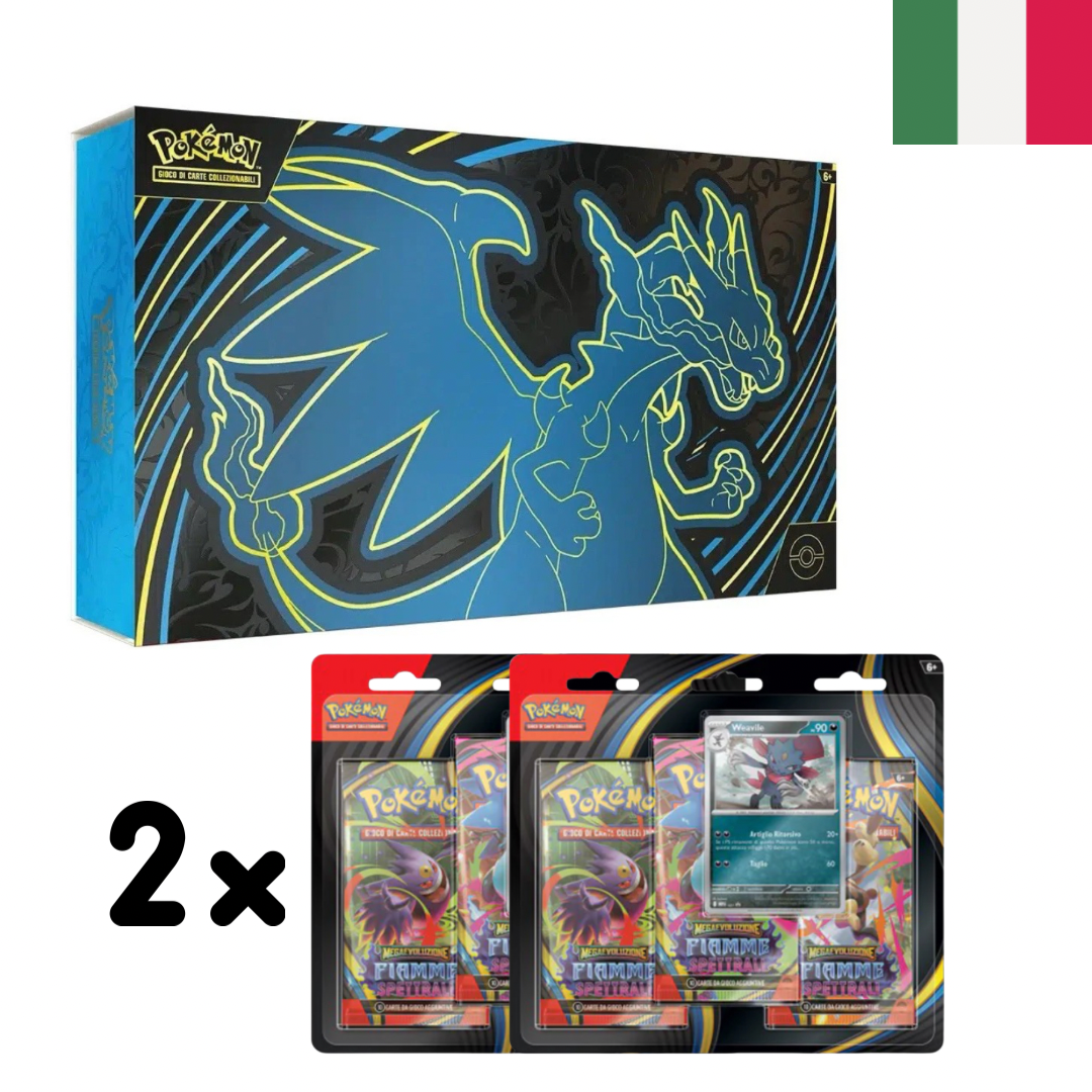 Pokemon UPC mega charizard ex + 2 blister da 3 buste ciascuno dì fiamme spettrali