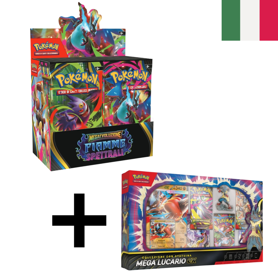 Pokemon Box da 36 buste fiamme spettrali + collezione mega Lucario ex con statuina ITA