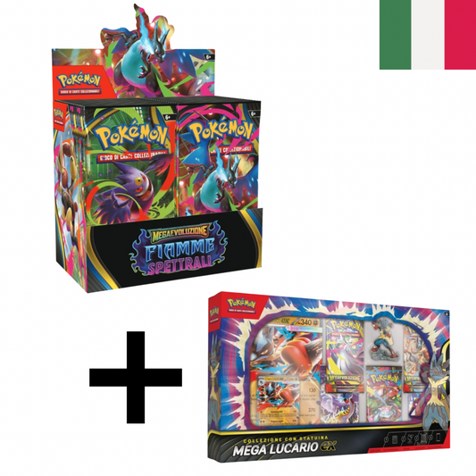 Pokemon Box da 36 buste fiamme spettrali + collezione mega Lucario ex con statuina ITA